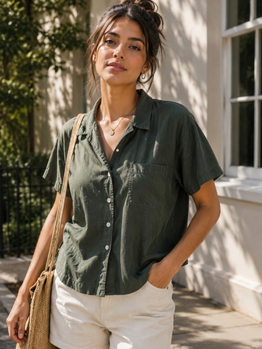 NWB Casuals  Linen Olive Green Short Sleeve Button-Down Shirt XL
